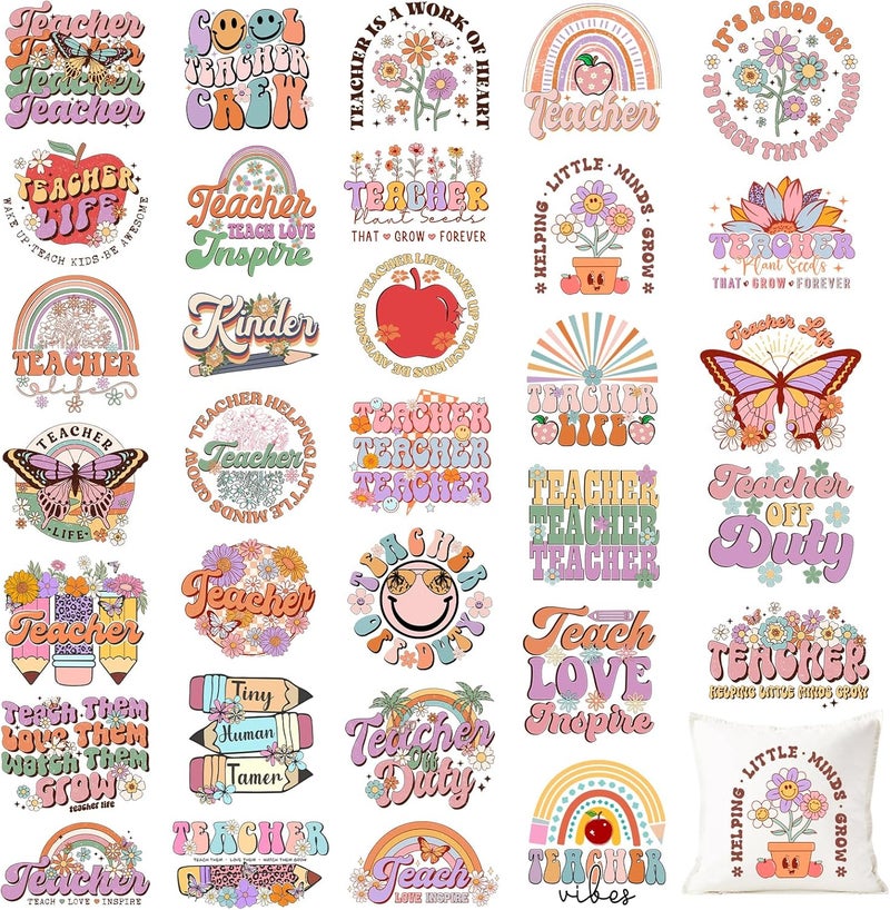 HTVSTD 32 Sheets Teacher Day Iron on Transfers DTF Transfers Ready to Press Retro Teacher Iron on Decals for T-Shirts Flower Heat Transfer Vinyl Iron on Decals for DIY Patches Decals - Image 1